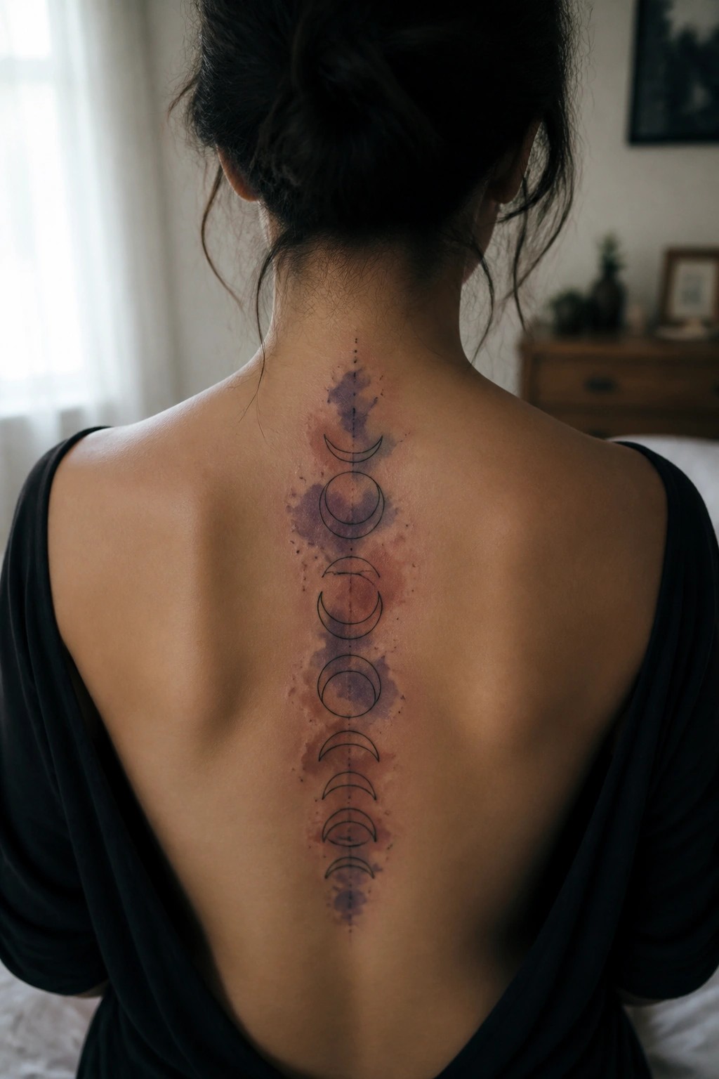Vertical moon phase tattoo along the spine with purple and red watercolor accents.