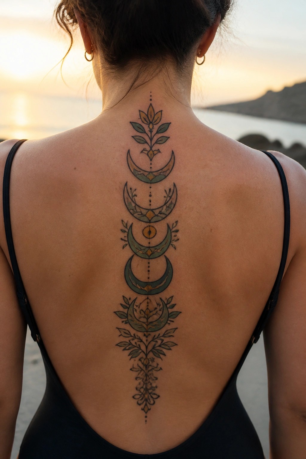 Woman's back with colorful vertical moon phase and floral spine tattoo at sunset beach