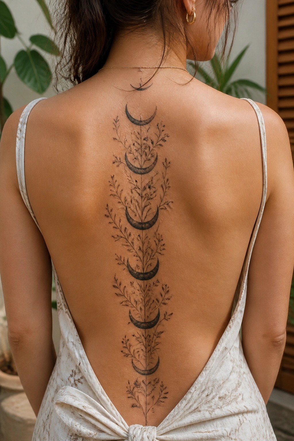Vertical spine tattoo with crescent moon phases and botanical vines in black ink on a woman's back