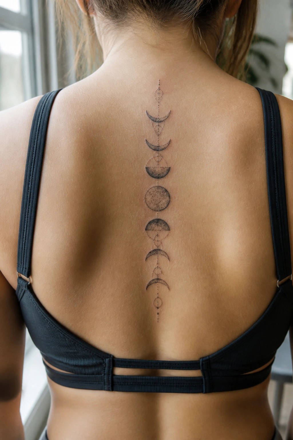 Vertical moon phase tattoo in dotwork style running down a woman's spine.