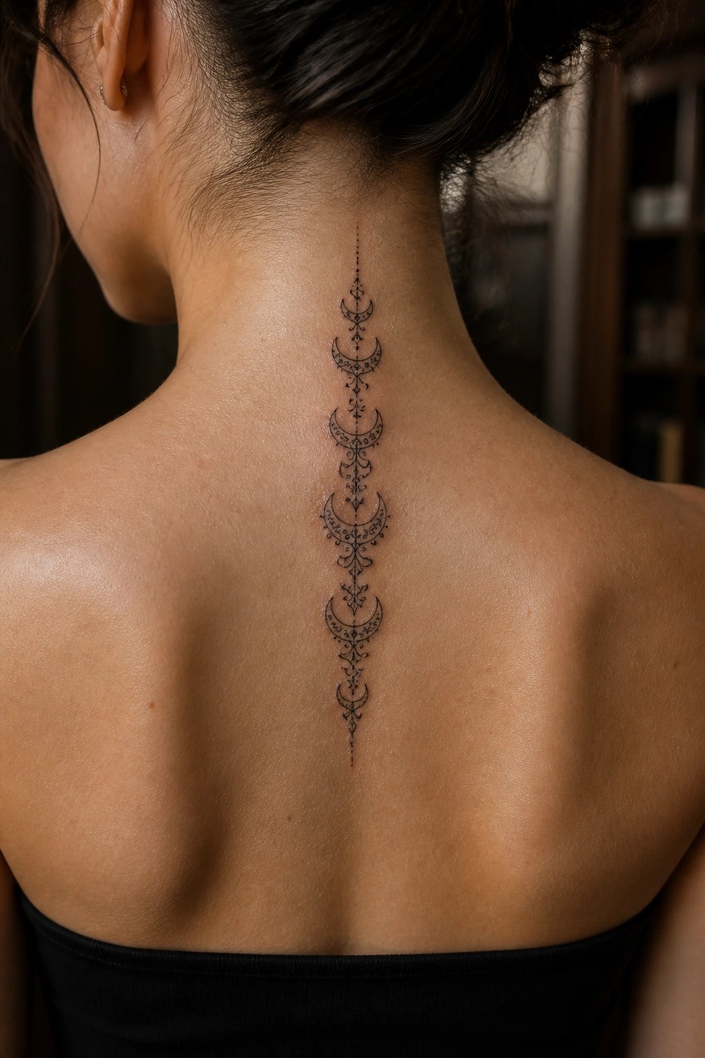 Woman's back with ornate crescent moon spine tattoo, dark hair in bun, black top.