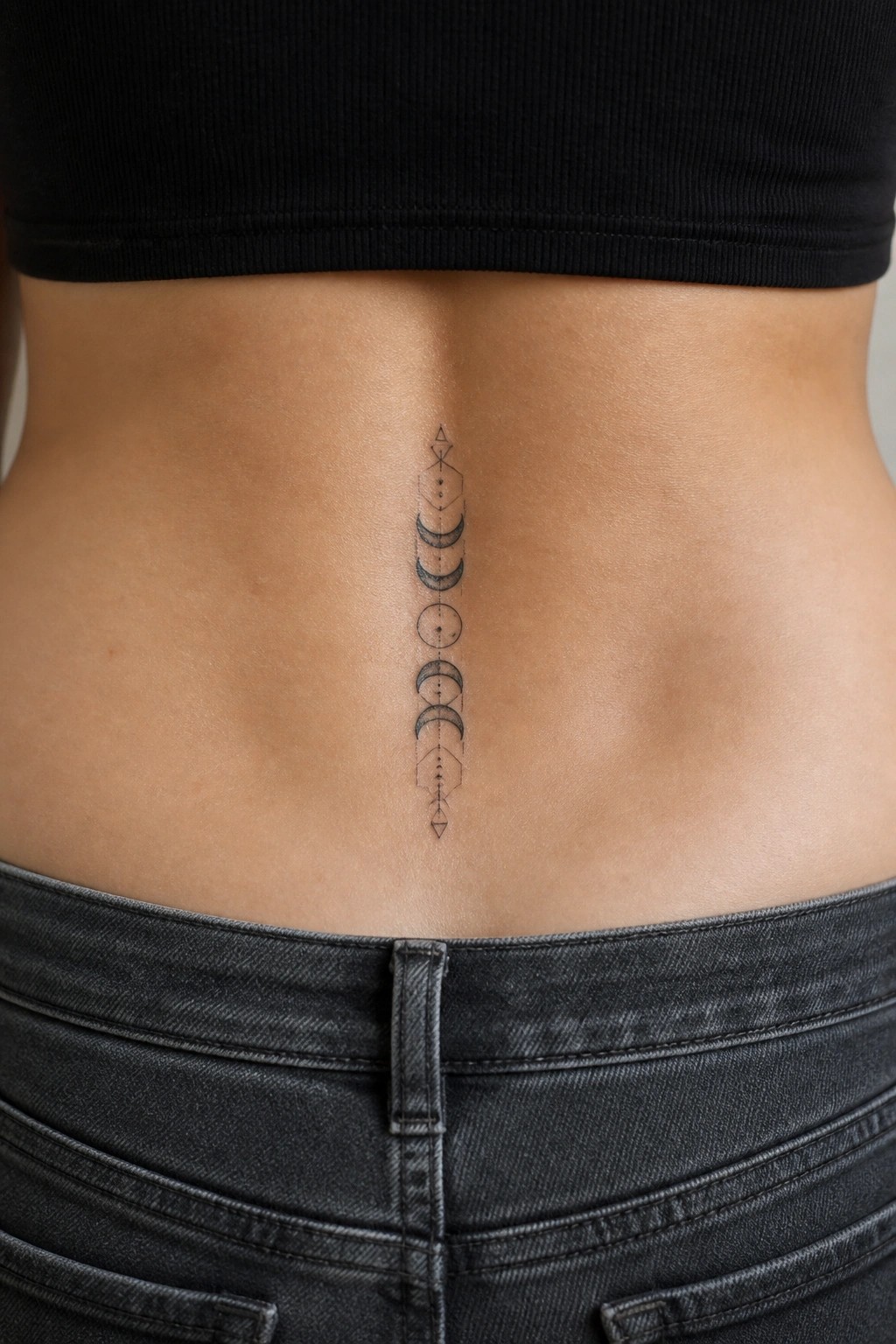 Black crop top and jeans framing vertical moon phase geometric tattoo on back.