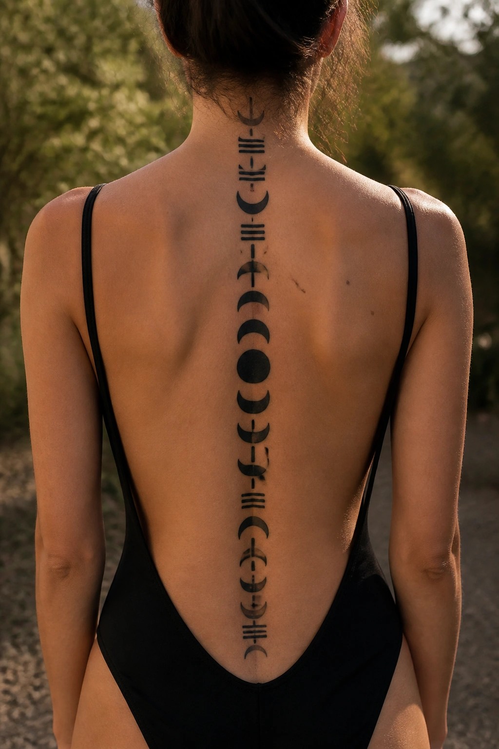 Woman's back with moon phase tattoo along spine in black swimsuit outdoors
