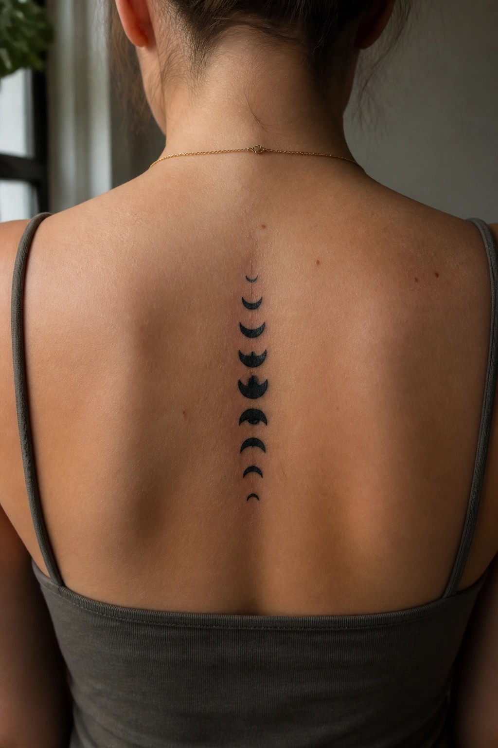 Woman's upper back showing moon phases tattoo along spine in gray tank top