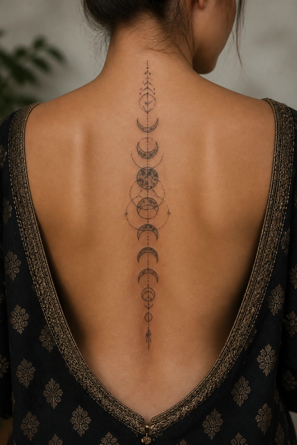 Vertical moon phase tattoo centered on a woman's spine showing the full cycle from crescent to full moon and back.