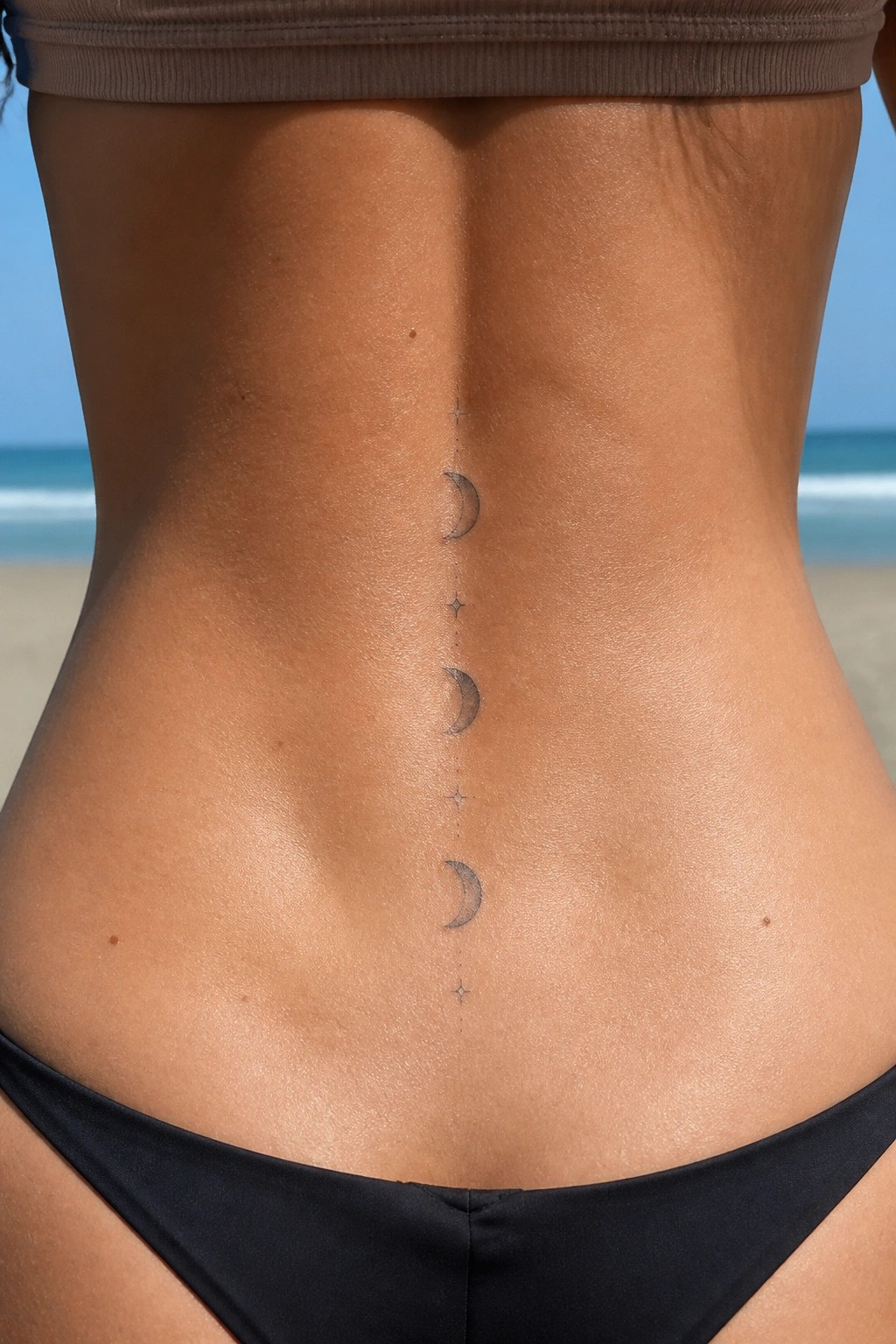 Tanned back with vertical moon phases tattoo along spine at beach.