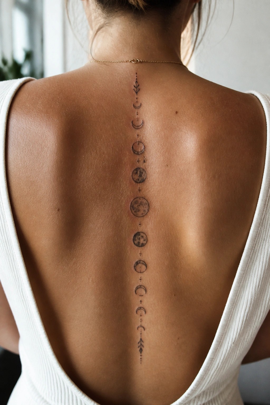 Vertical spine tattoo of moon phases progressing from crescent to full and back, connected by dots with small arrow accents at each end.