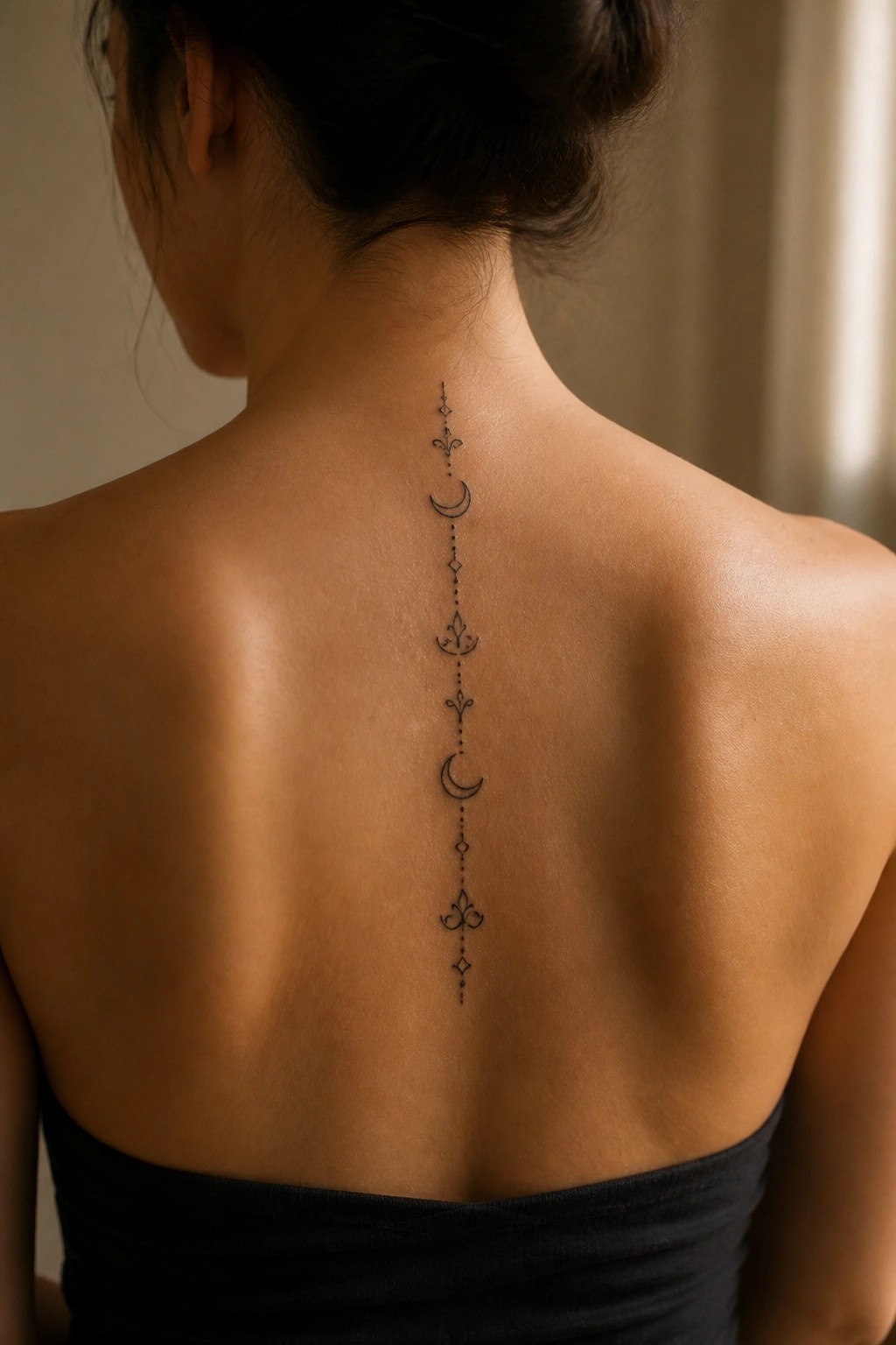 Woman's back with black strapless top and ornate spine tattoo of moons and patterns.