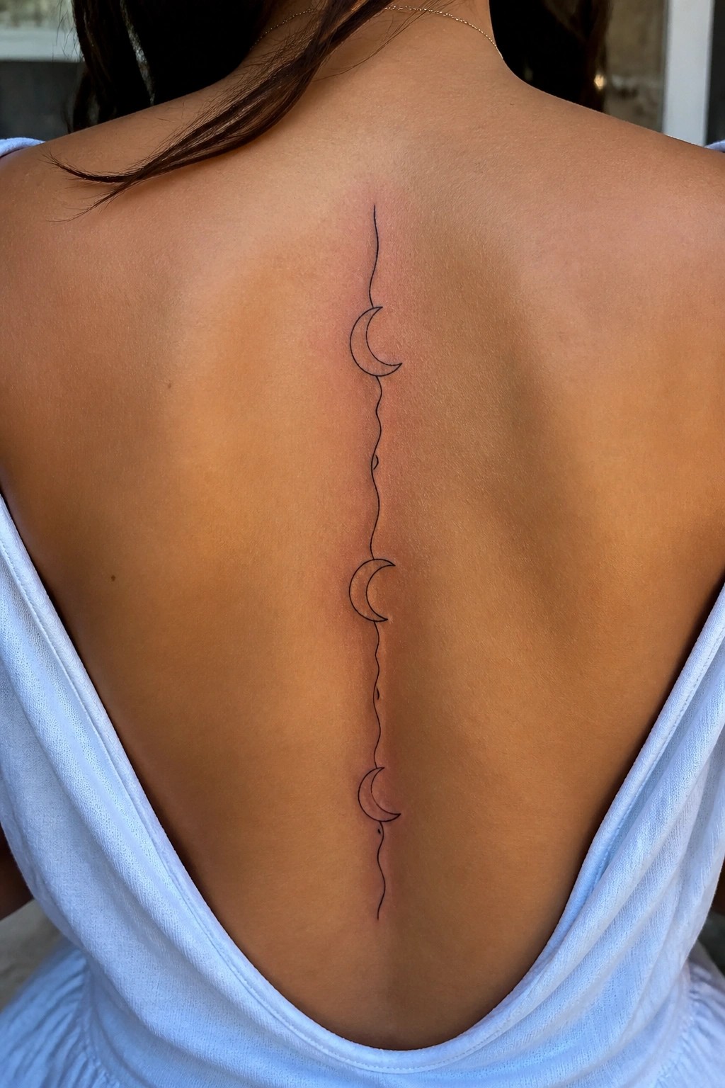 Woman's back with crescent moon phases tattoo along spine in white top.