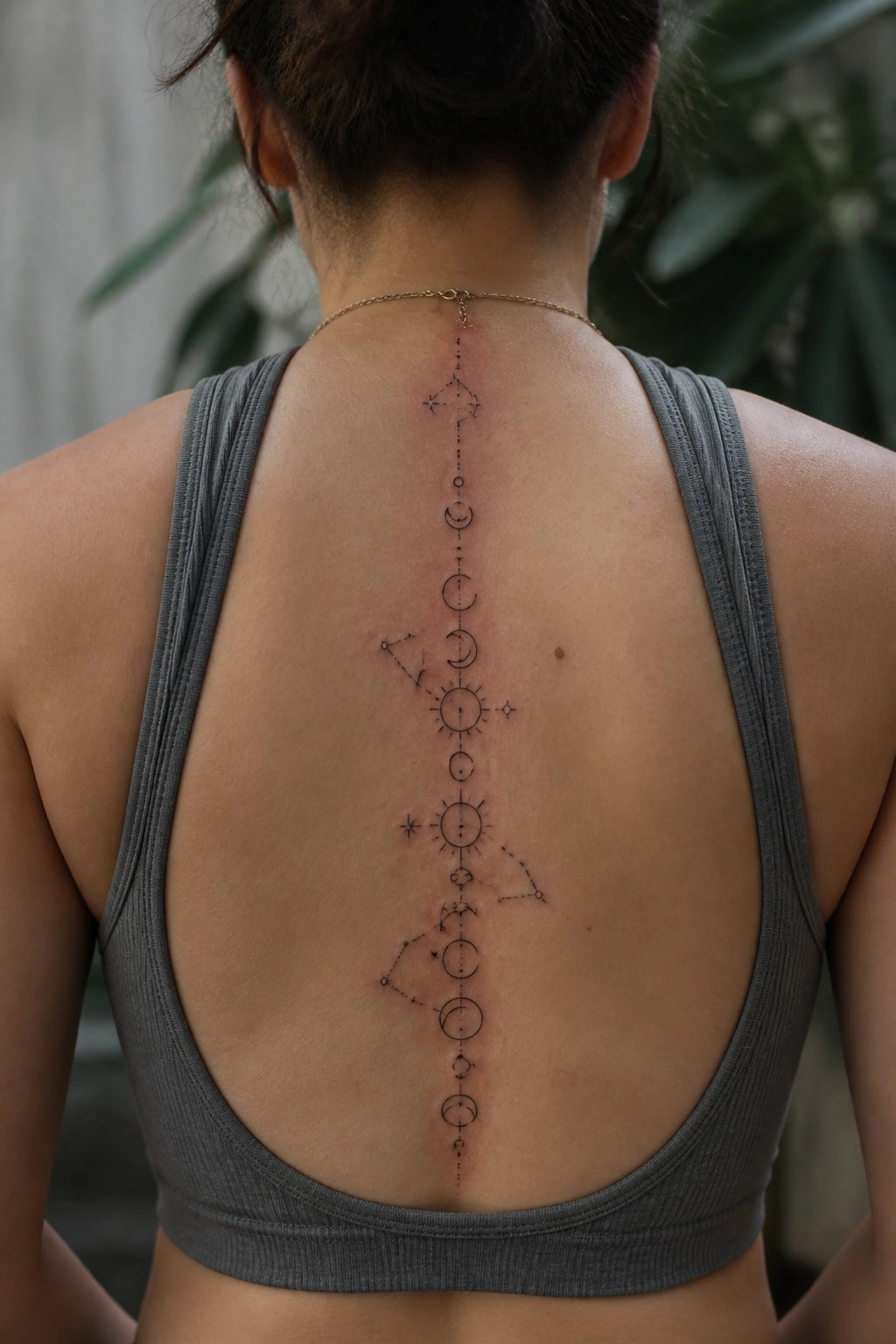 Vertical spine tattoo of moon phases with stars and constellation lines on a woman's back.
