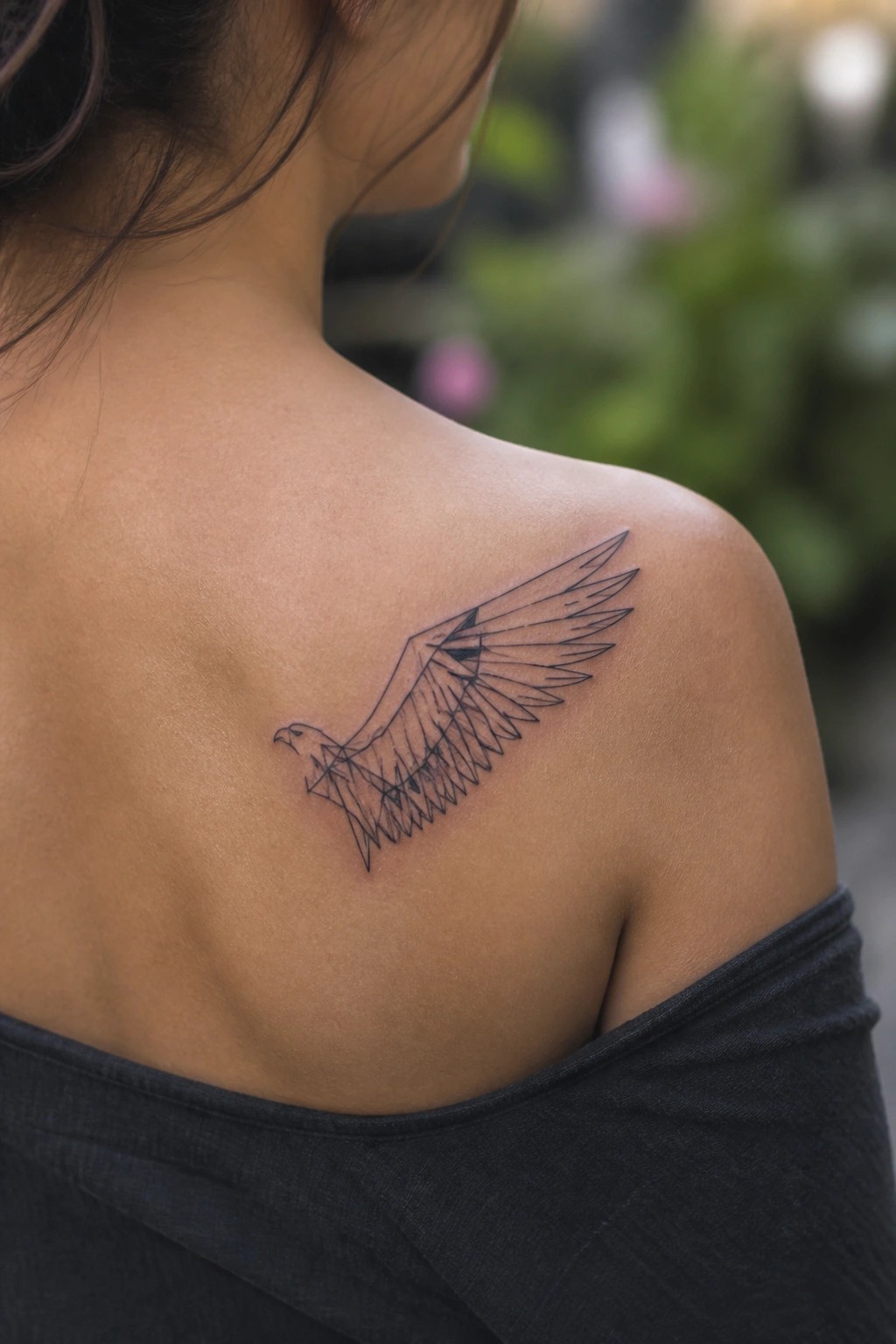 Small line art eagle tattoo on a woman's shoulder with wings extended in a minimalist style.