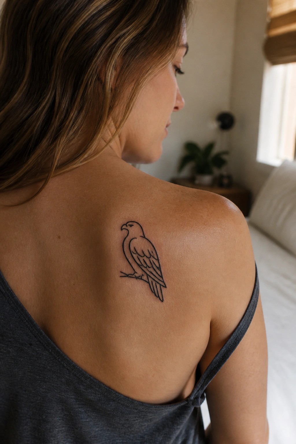 Woman's back with bird tattoo on shoulder, gray tank top, bedroom setting