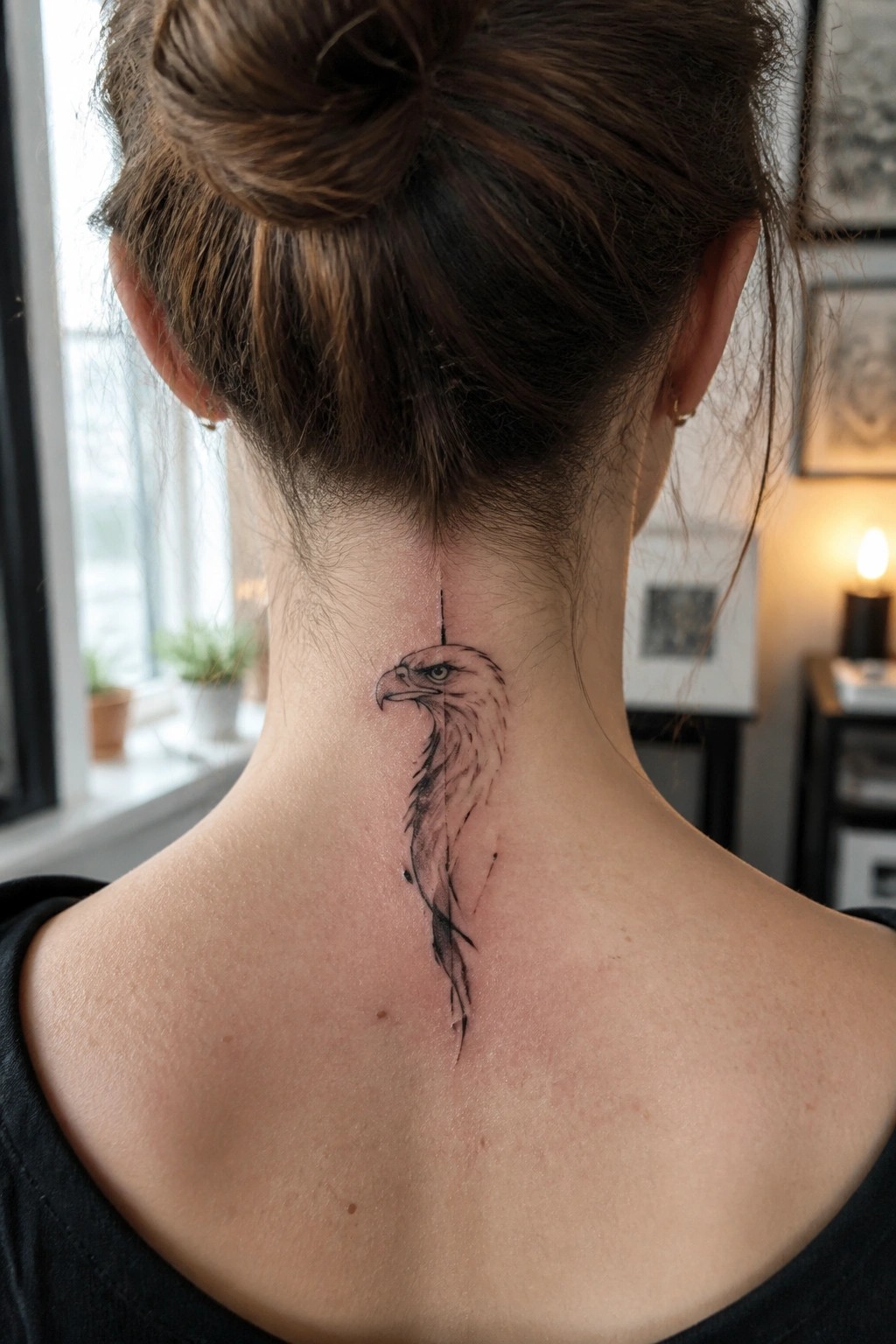 Back view of person with bun and black eagle tattoo on neck and upper back