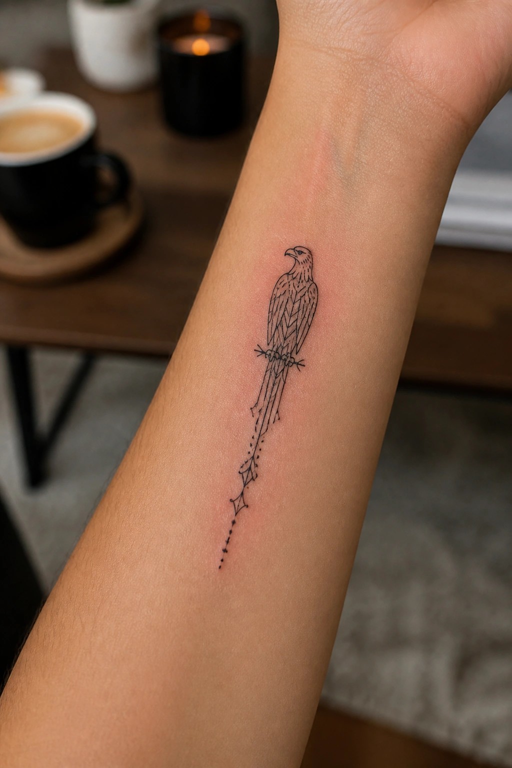 Geometric eagle tattoo on forearm beside coffee cup and lit candle on table