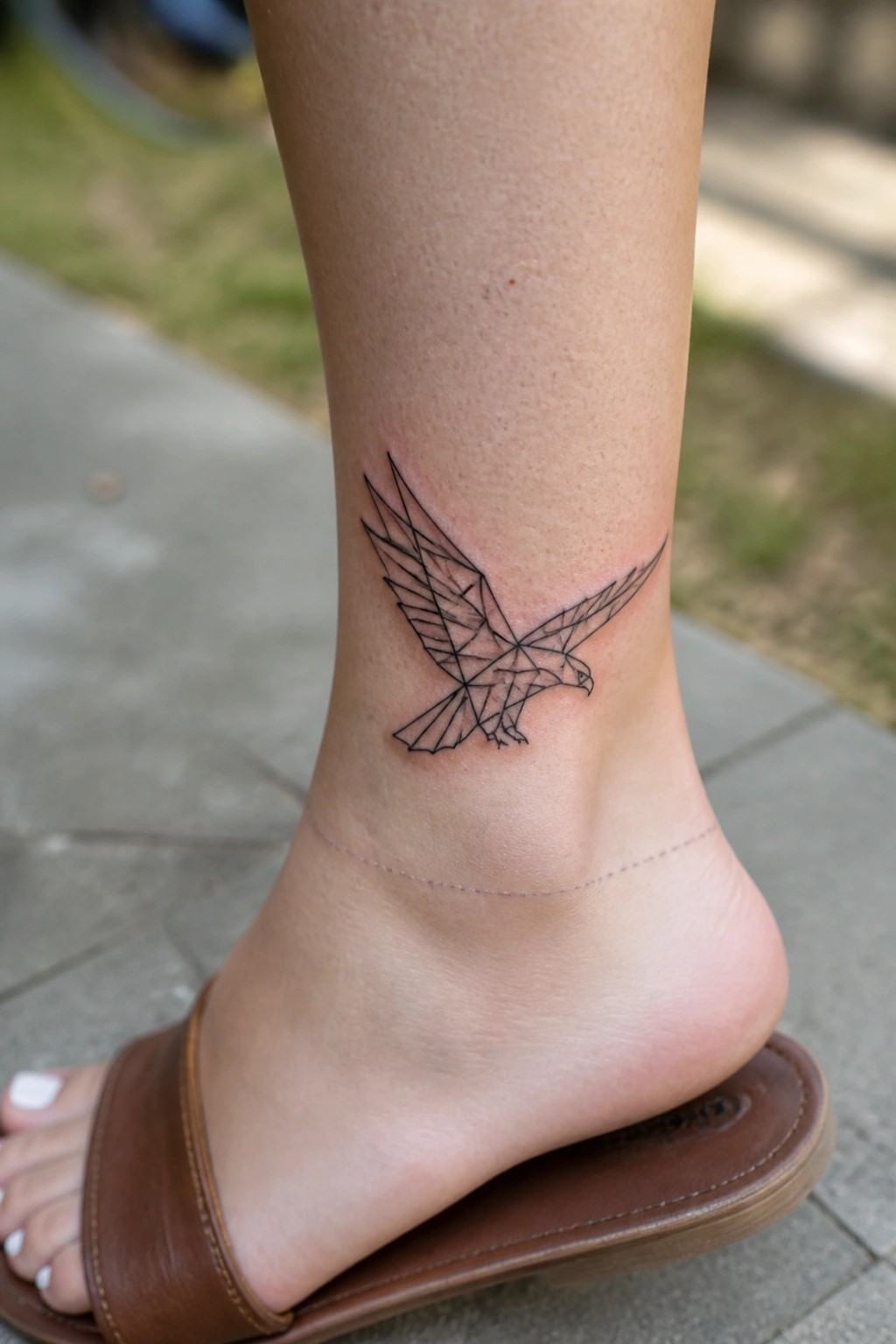 Geometric bird tattoo on ankle above thin anklet and brown sandal