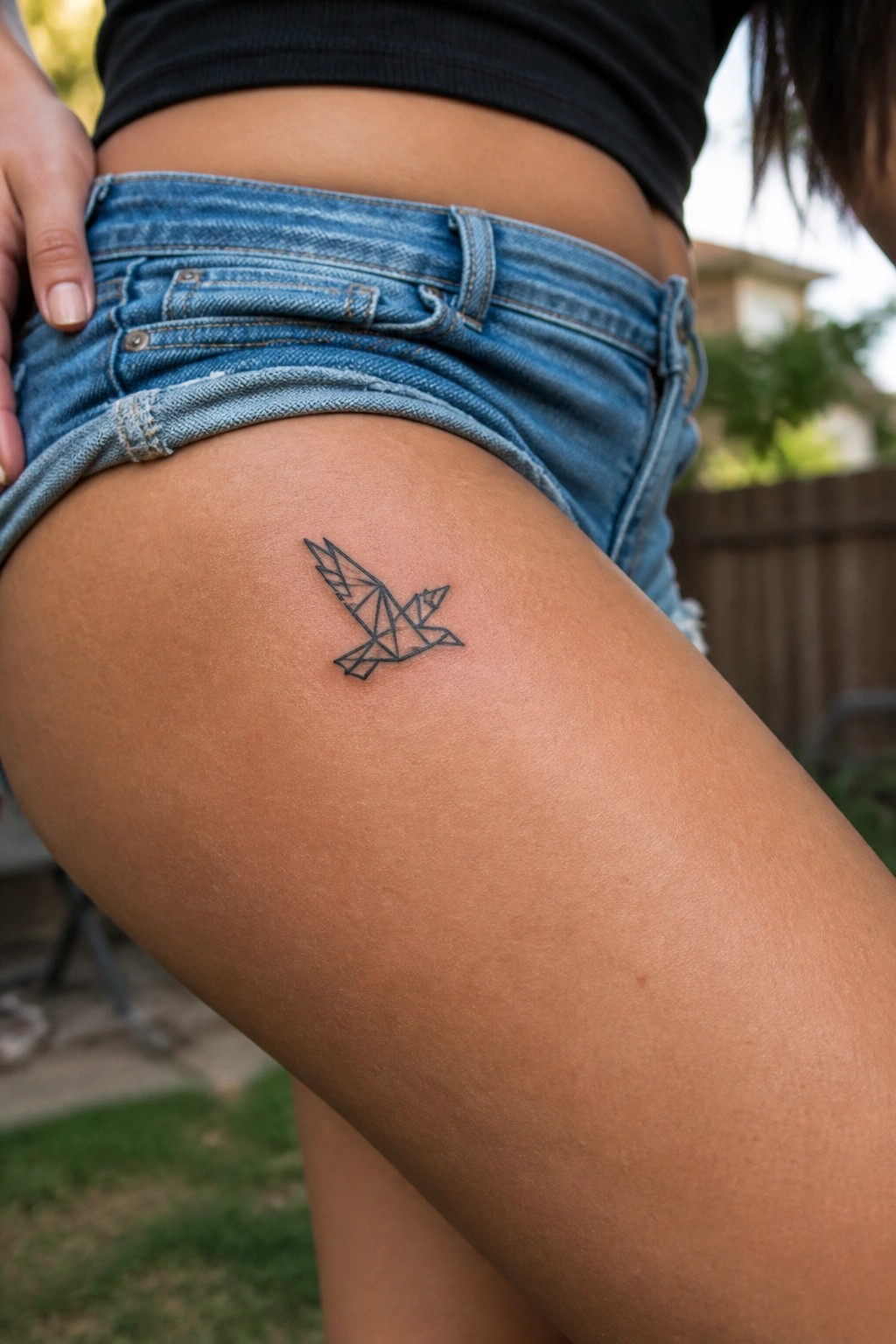 Geometric bird tattoo on thigh below black top and blue denim shorts