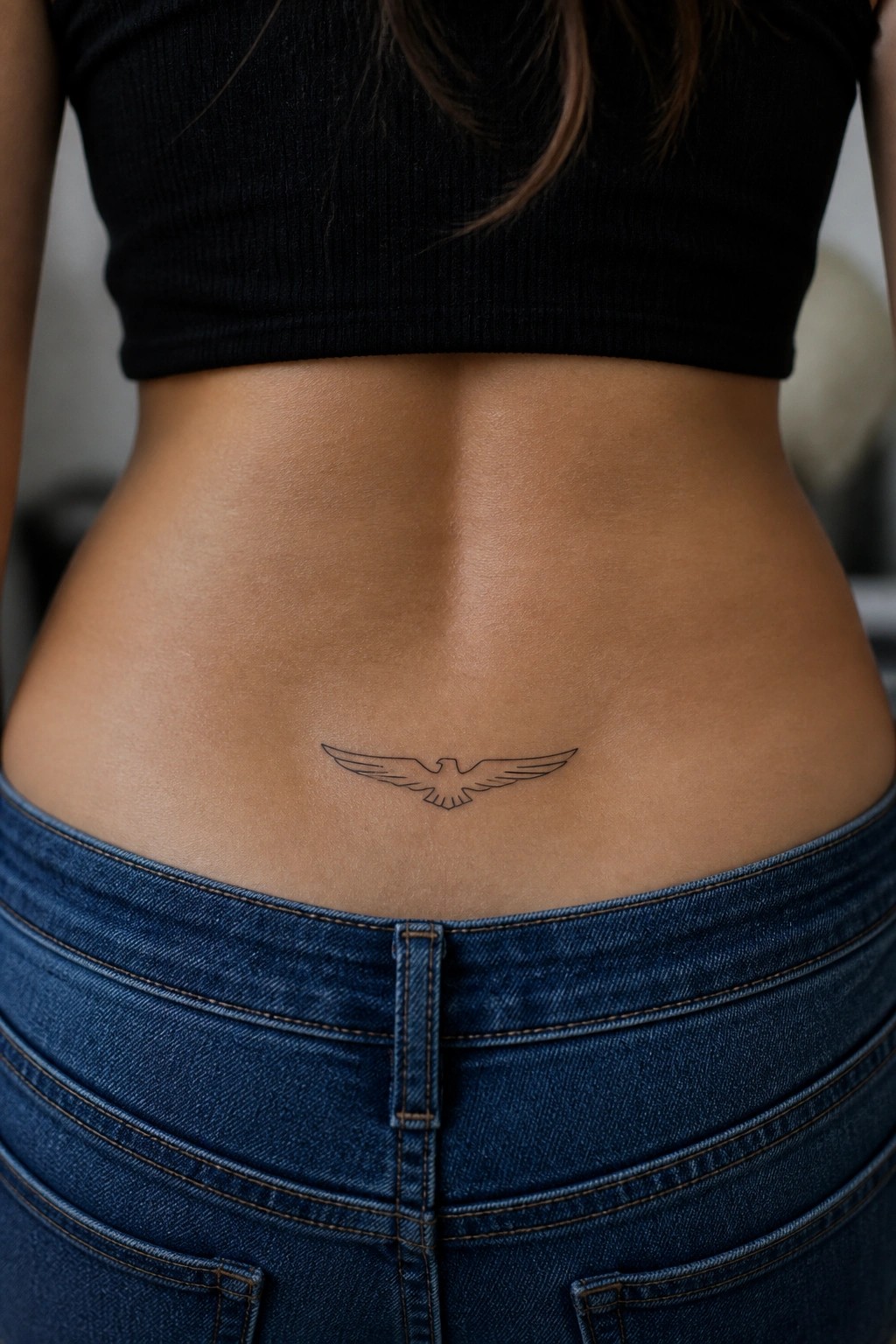 Bird tattoo on lower back above blue jeans and black crop top