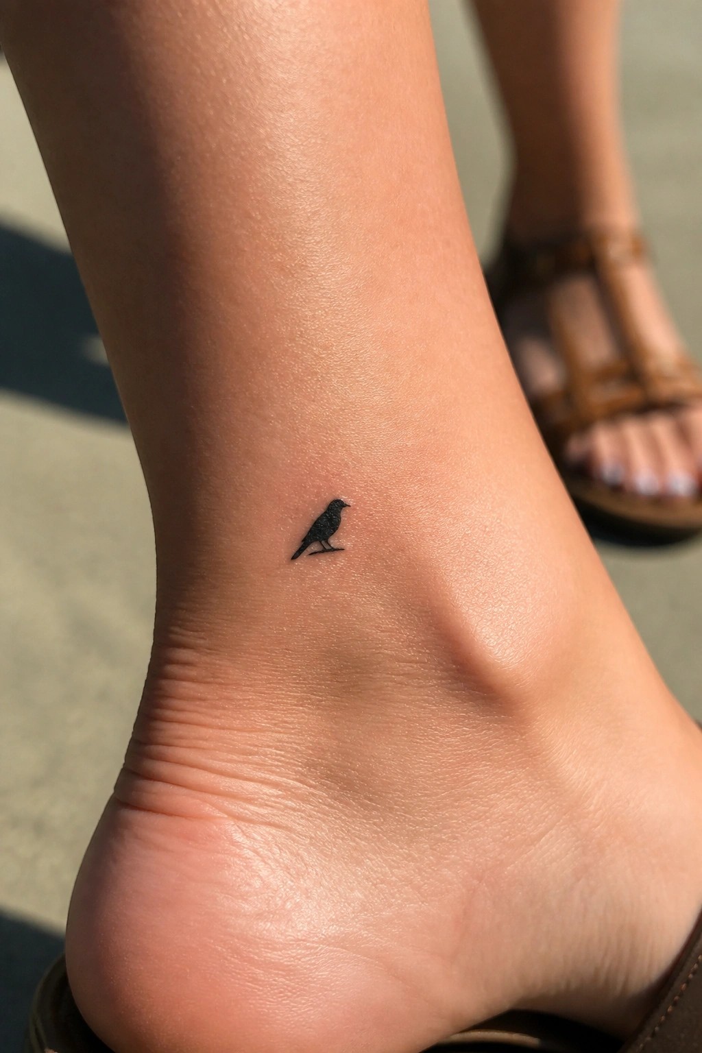 Small black bird tattoo on ankle above brown leather sandal