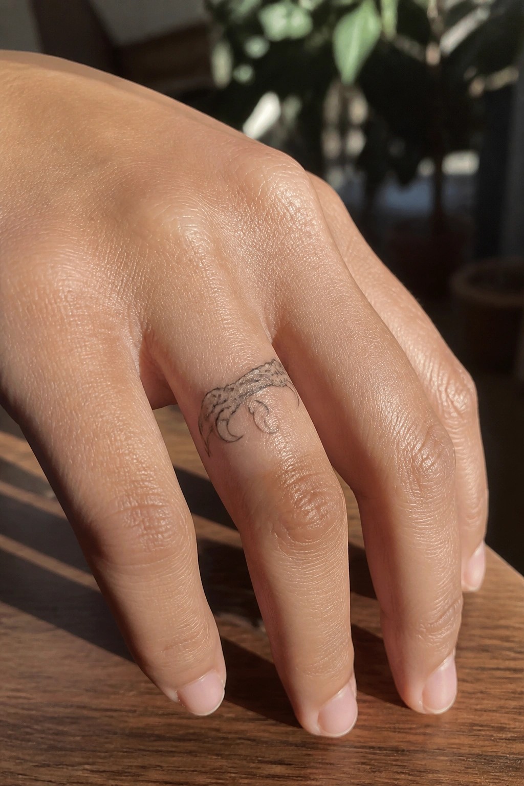 small fine line eagle tattoo on the side of a finger
