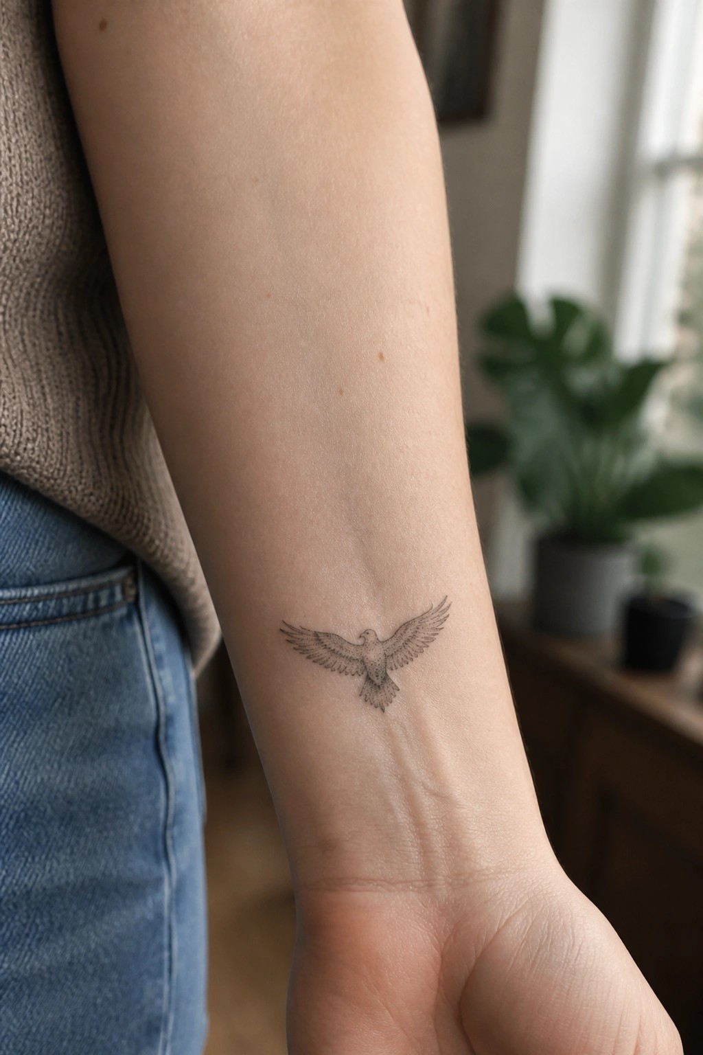 Small bird tattoo on inner forearm beside beige sweater and blue jeans