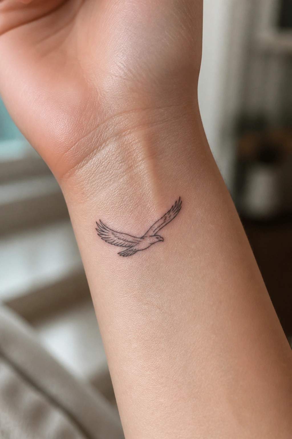 Small black line-art eagle tattoo on the inside of a light-skinned wrist