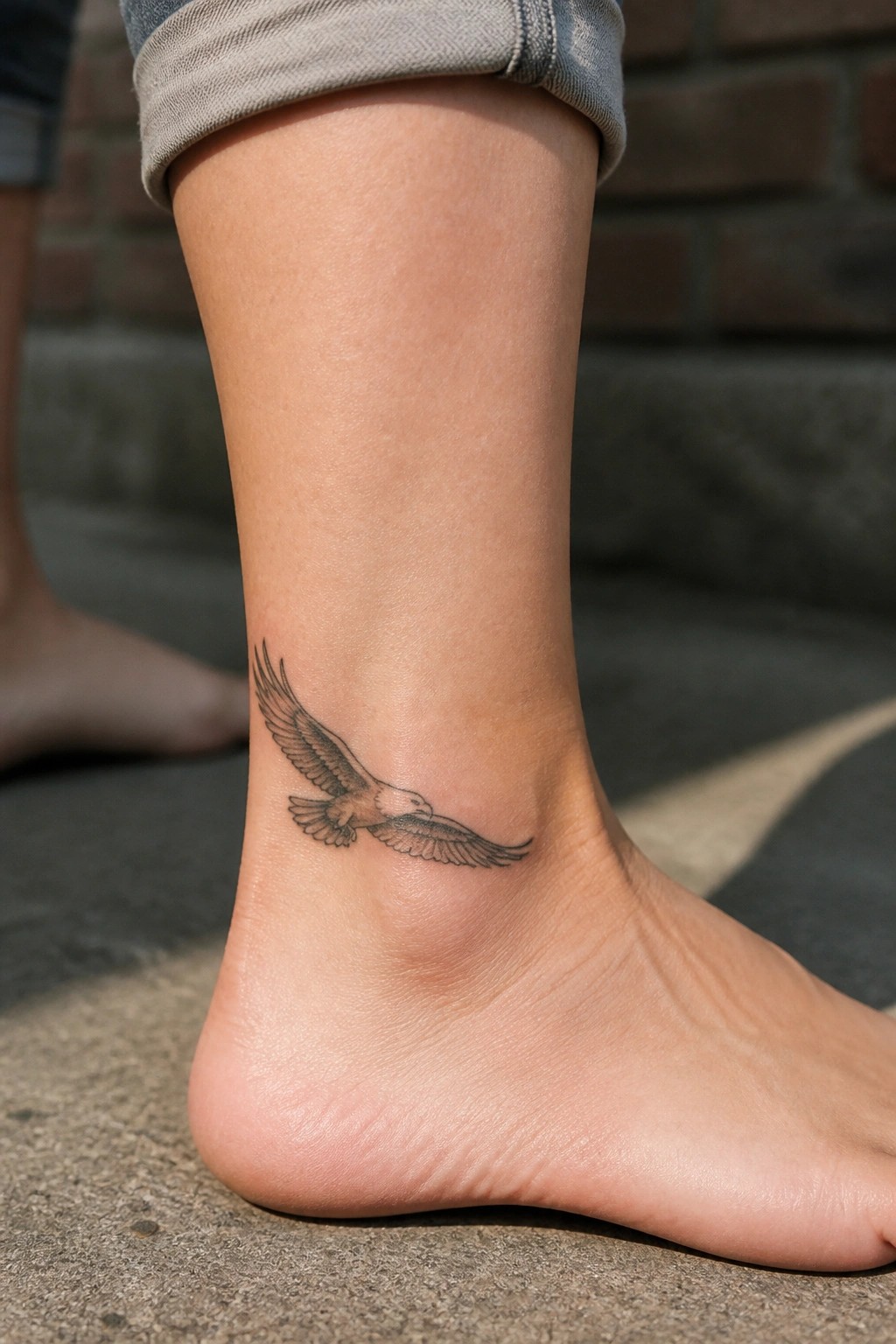 Flying eagle tattoo on ankle below rolled-up jeans above bare foot