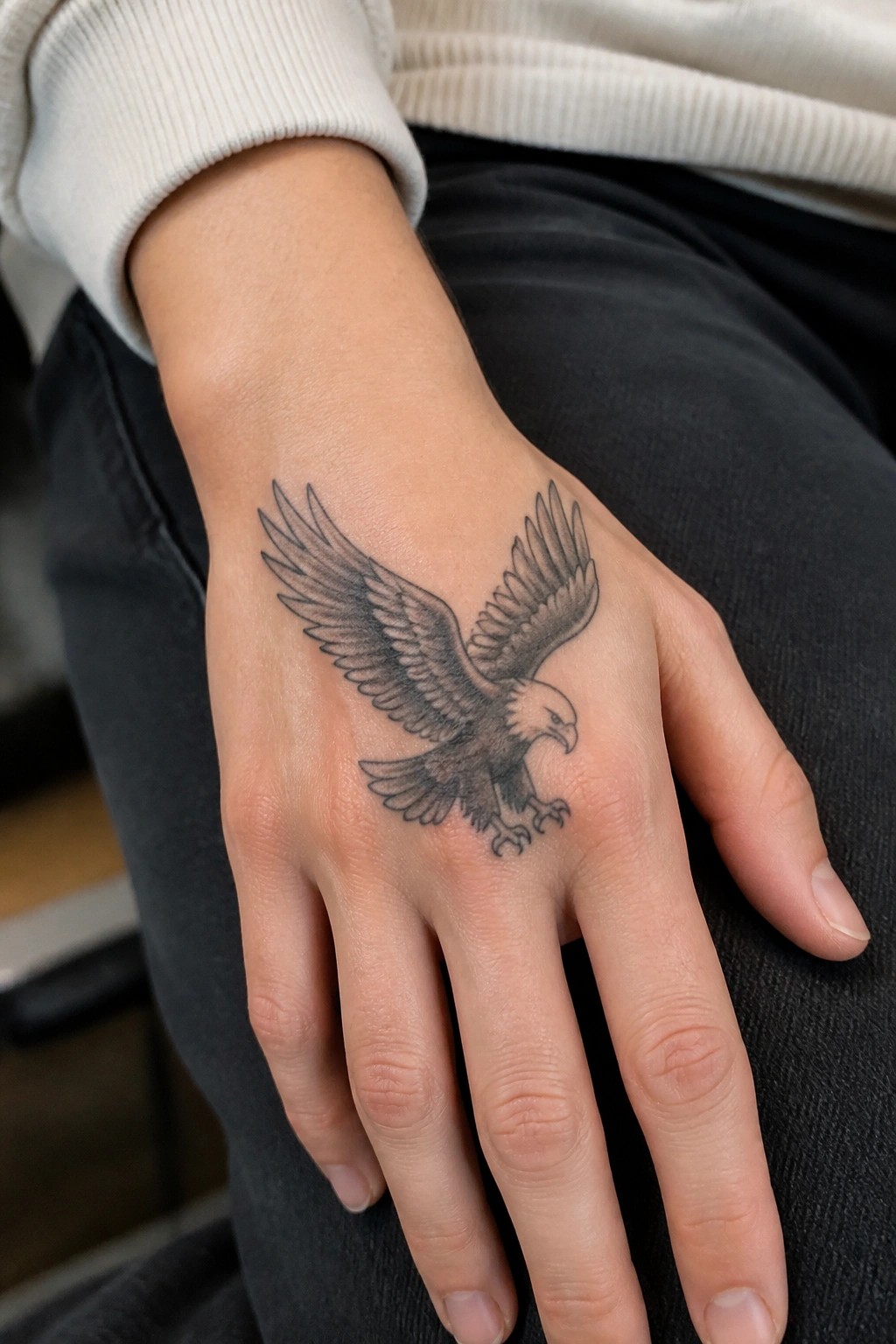 Black and grey eagle tattoo on the back of a hand with wings spread and detailed shading