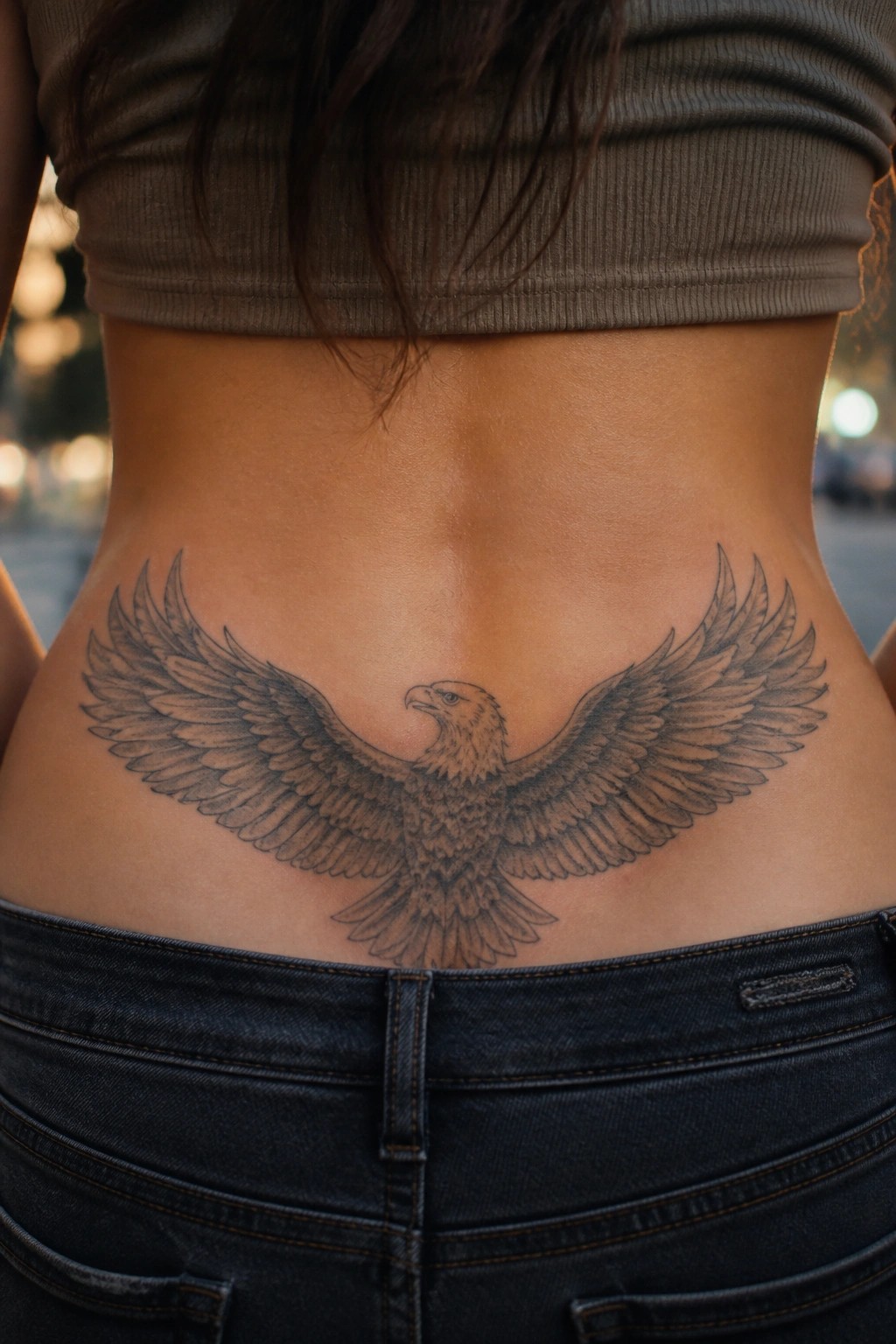 Large eagle tattoo with spread wings on lower back above dark jeans.
