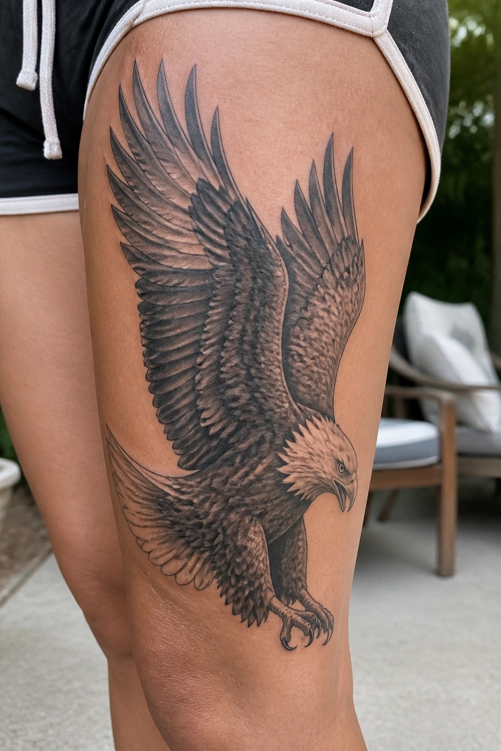 Black and grey eagle tattoo on a woman's thigh with wings spread and detailed shading