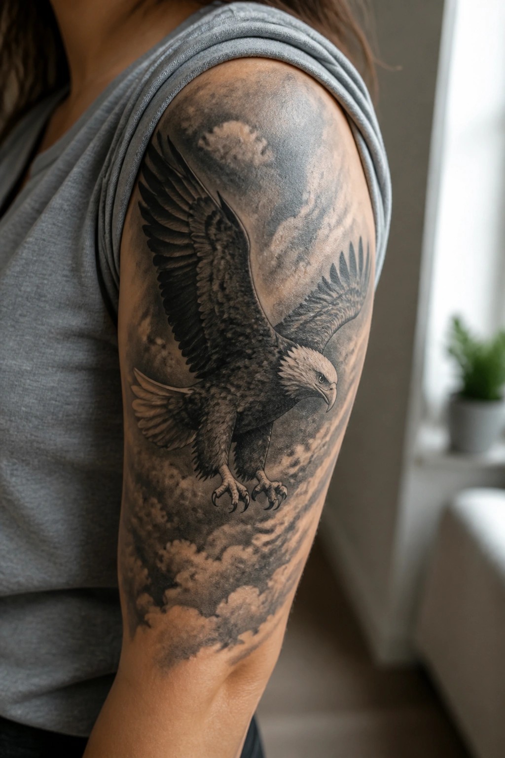 Realistic black and gray eagle tattoo on arm of person in gray tank top