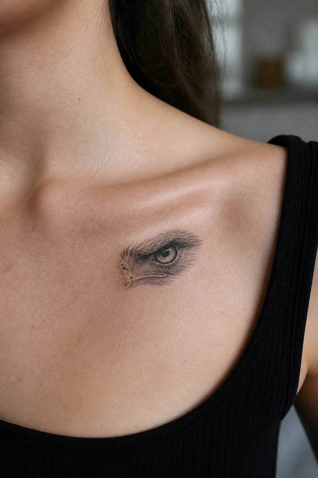 Black and grey eagle eye tattoo placed on the collarbone of a woman wearing a black top.