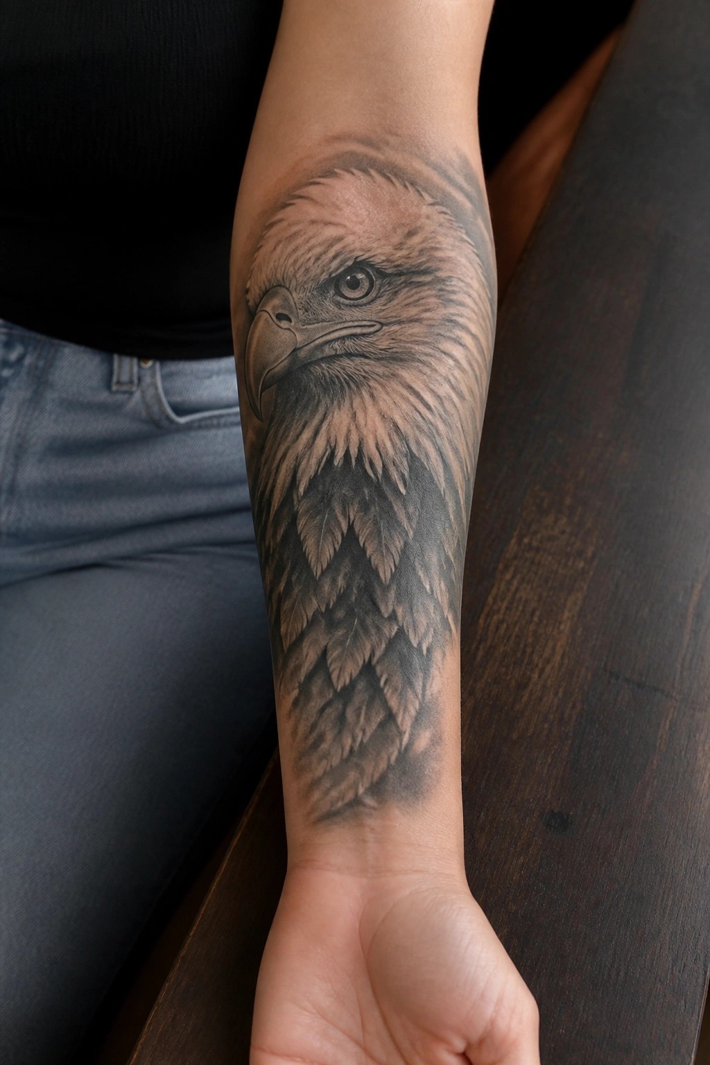 Black and grey realistic eagle head tattoo on a woman's inner forearm with layered feathers extending toward the wrist