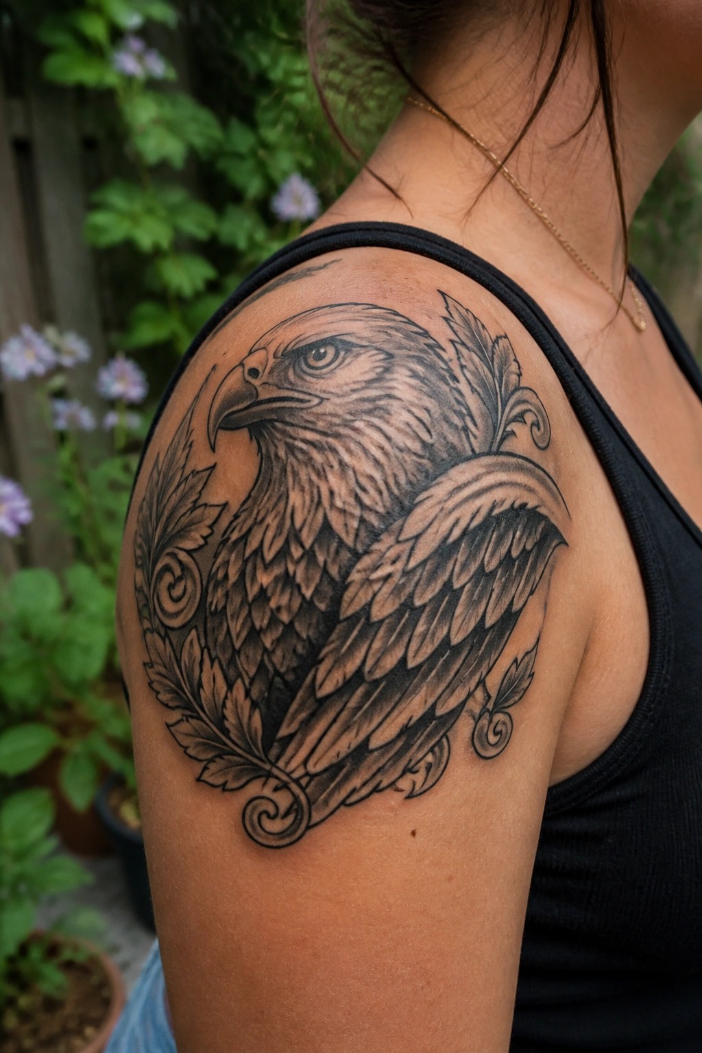 Woman's shoulder with detailed black eagle tattoo, black tank top, gold necklace