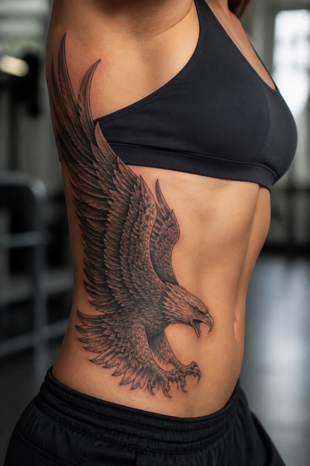 Muscular woman with large black eagle tattoo on side in sports bra