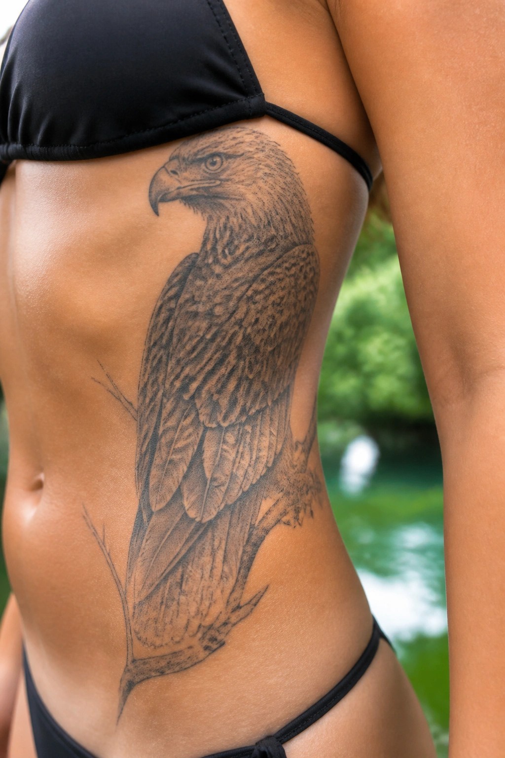 Black and grey eagle tattoo on a woman's side torso, perched on a branch with detailed feathers and shading.