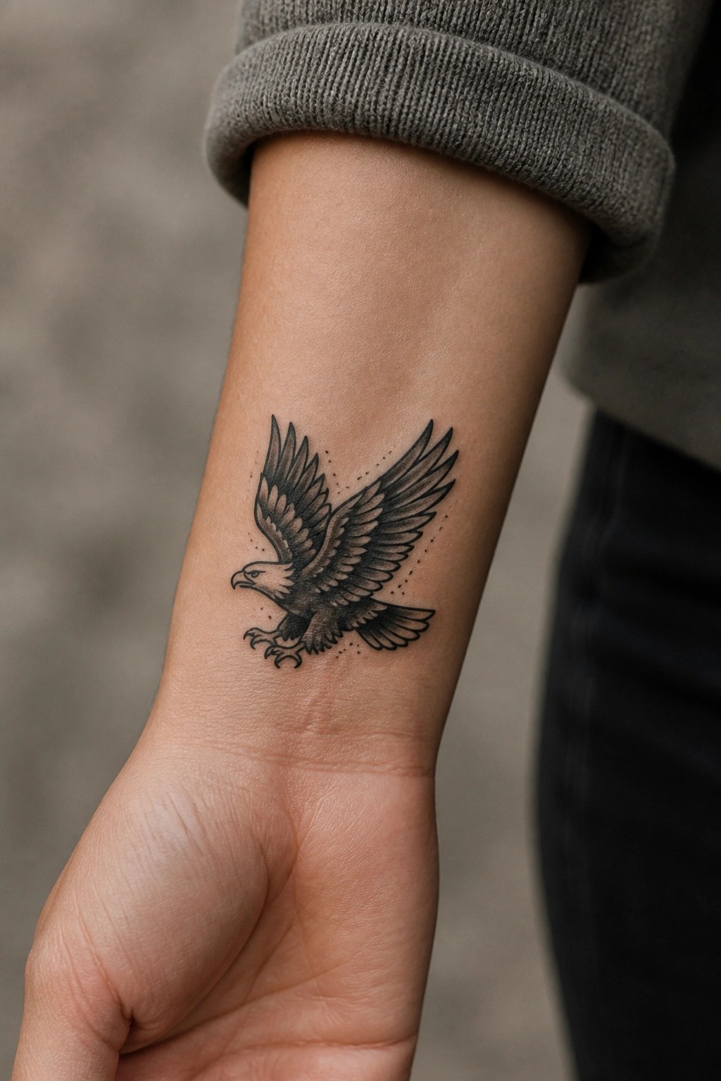 Black and gray eagle tattoo on wrist beneath rolled gray sleeve.