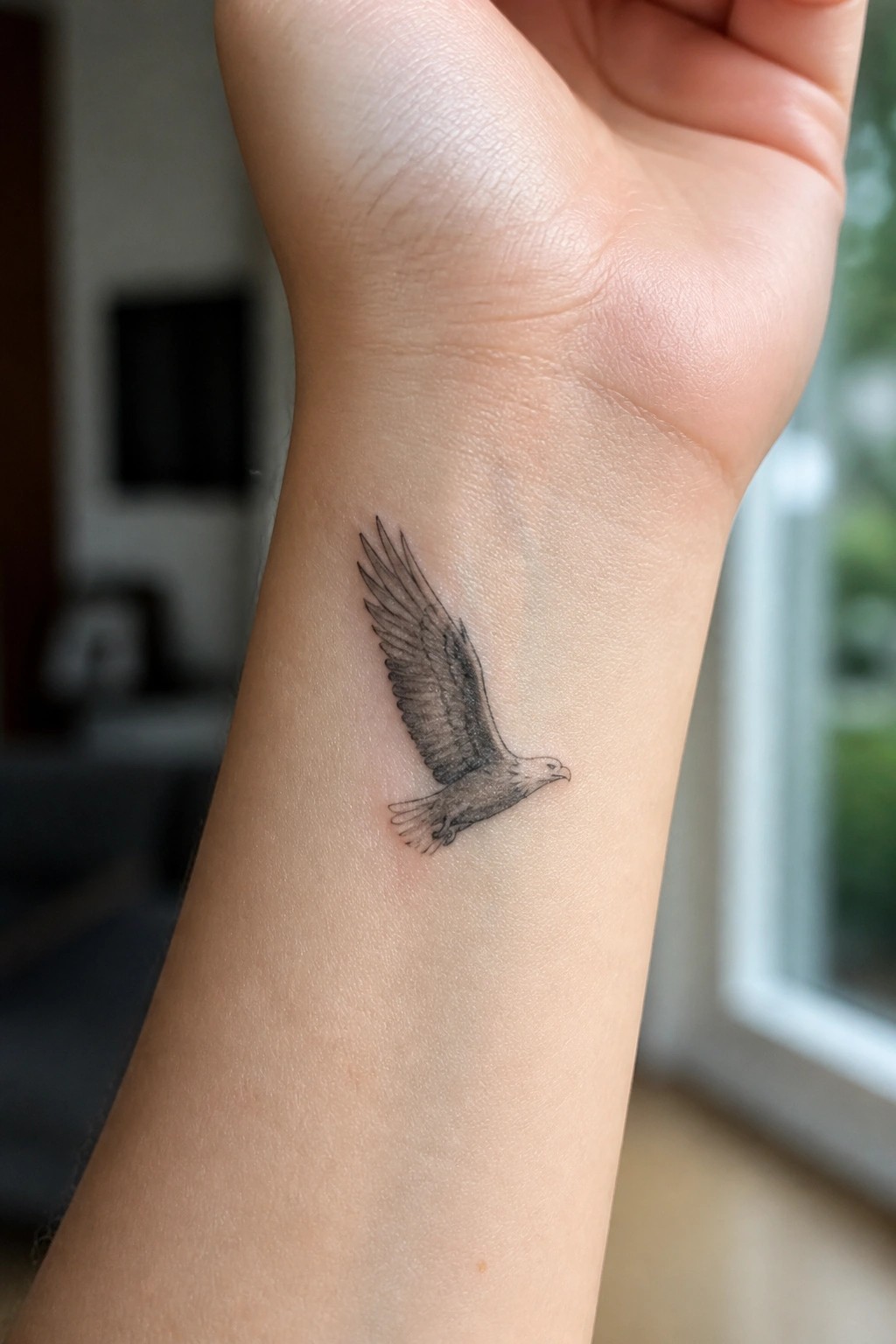 Black and grey eagle tattoo in flight on a woman's inner wrist with shaded wings