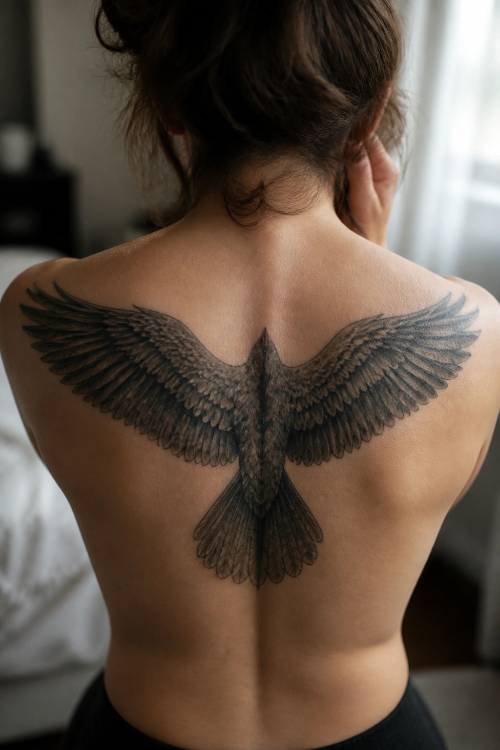 Black and grey eagle tattoo with spread wings on a woman's upper back centered along the spine