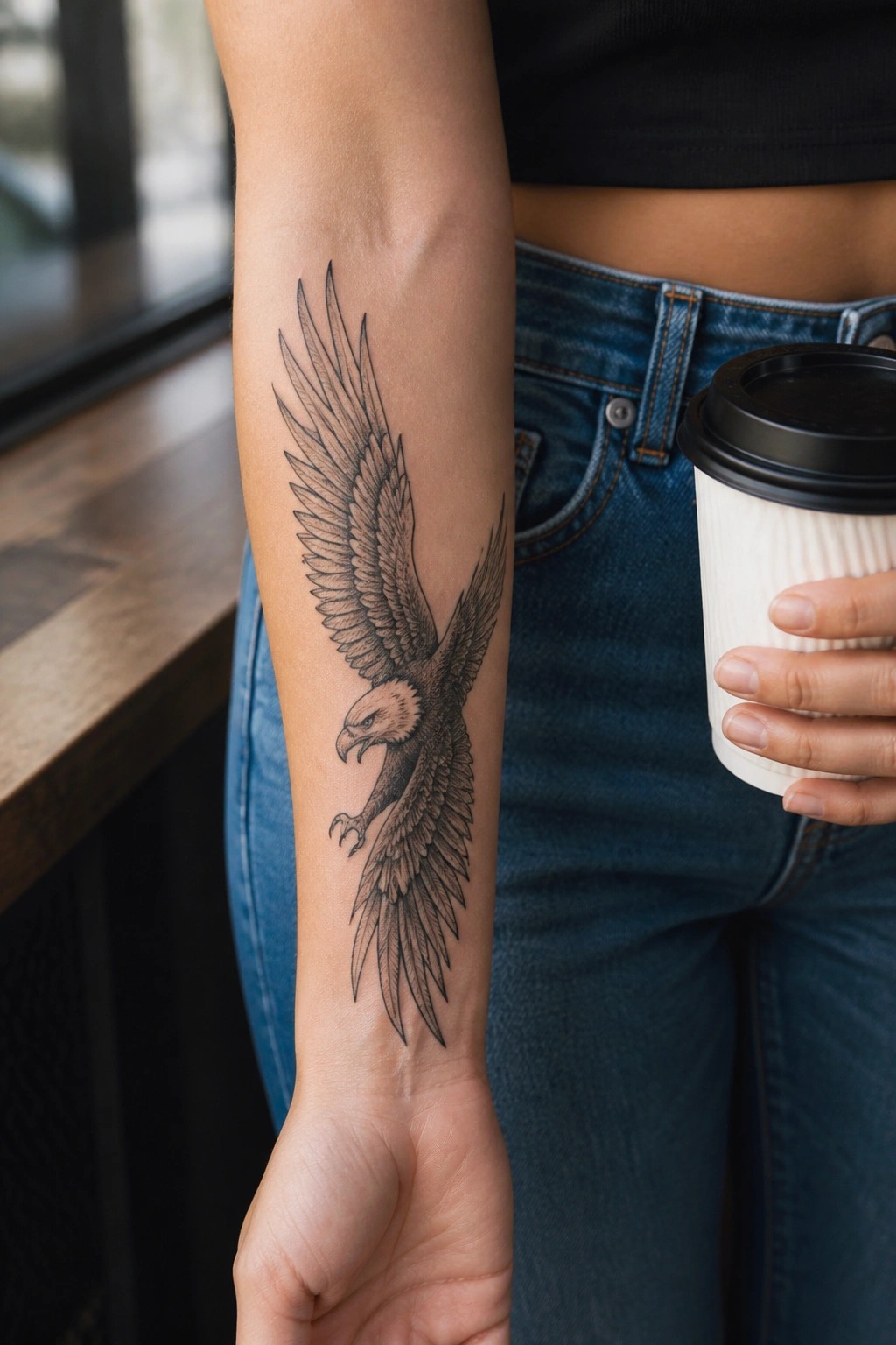 Black and grey eagle tattoo on the inner forearm with wings spread in flight.