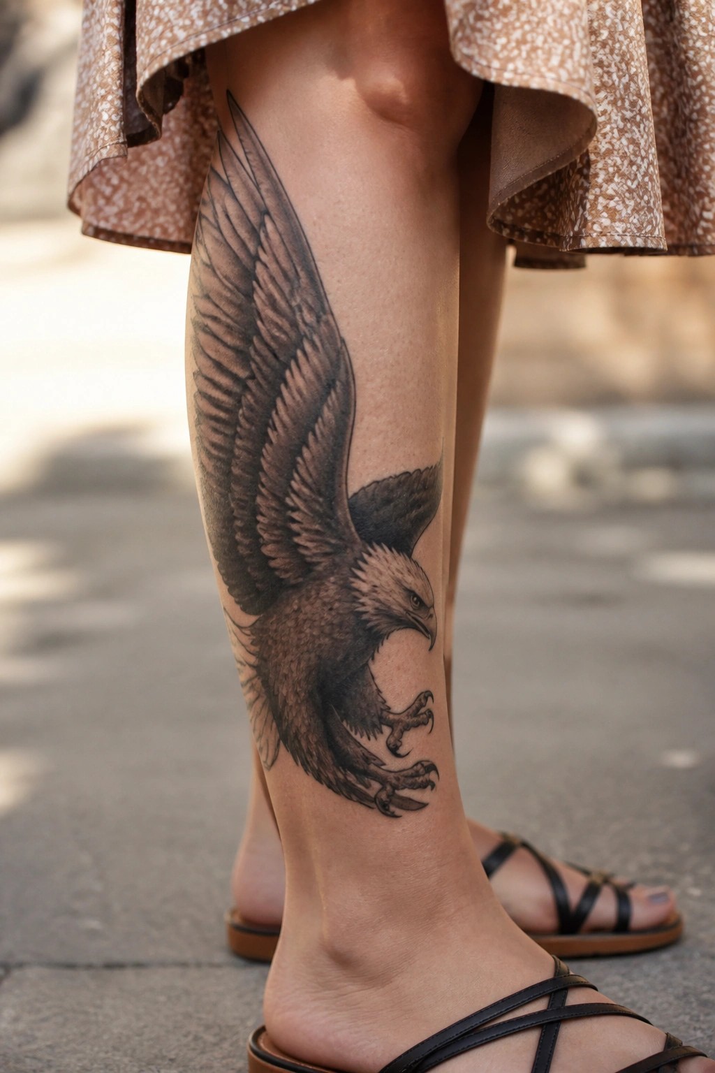 Large eagle tattoo on shin under brown patterned skirt and black sandals.