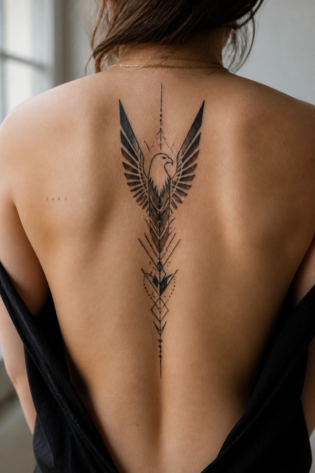 Black and grey geometric eagle tattoo centered vertically along a woman's spine, with wings at the top and tapering patterns extending downward.
