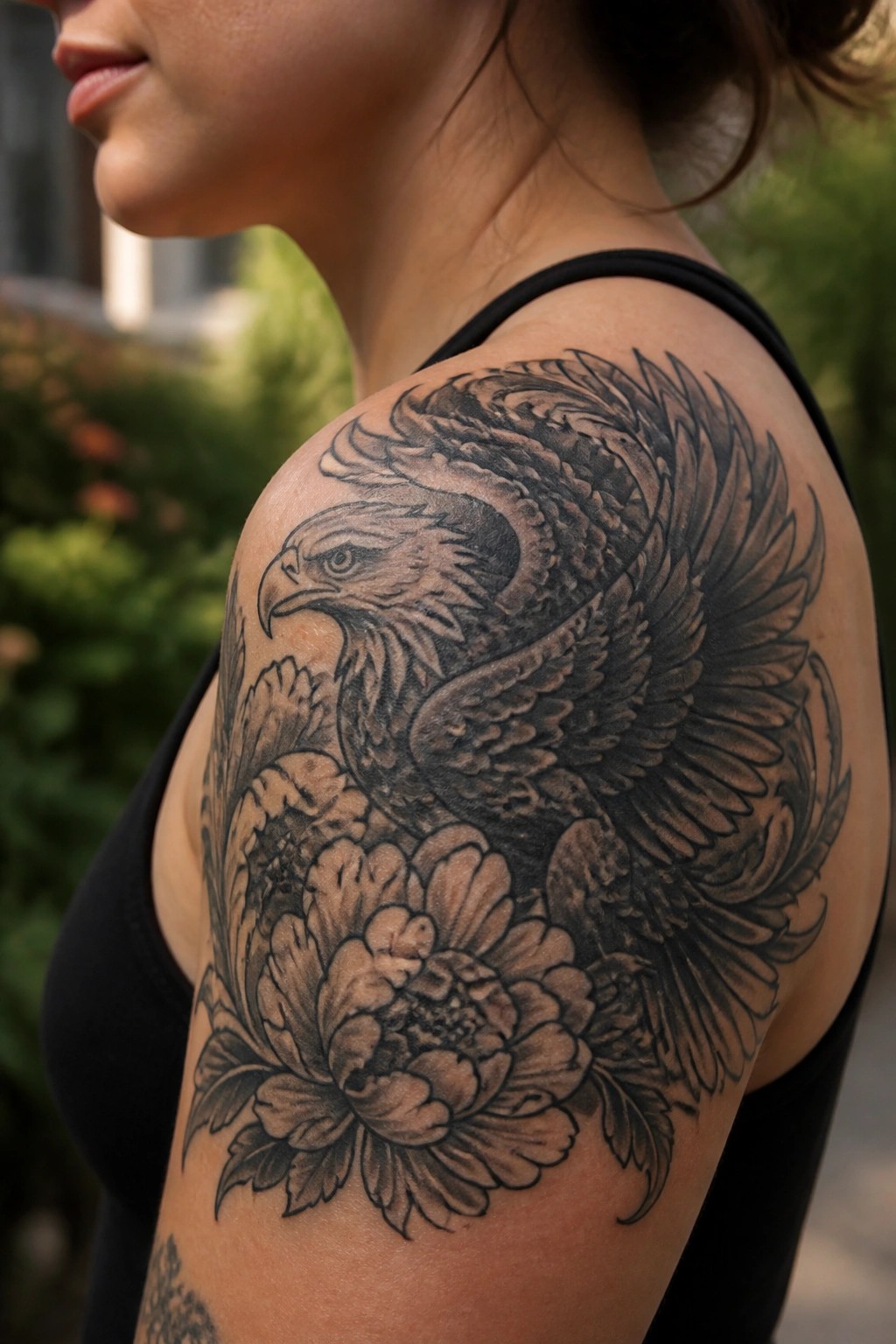 Woman's shoulder with large black-and-gray eagle and flower tattoo.