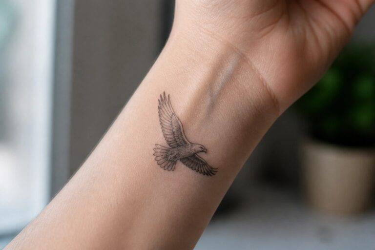 Black and grey eagle tattoo in flight on a woman's inner wrist with shaded wings