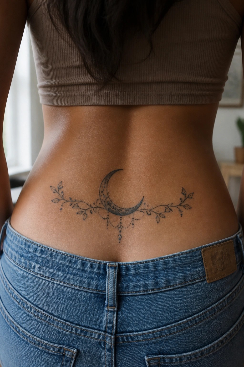 Lower back tattoo showing a central crescent moon with leafy branches on both sides and dangling details below, placed above the waistband of blue jeans.