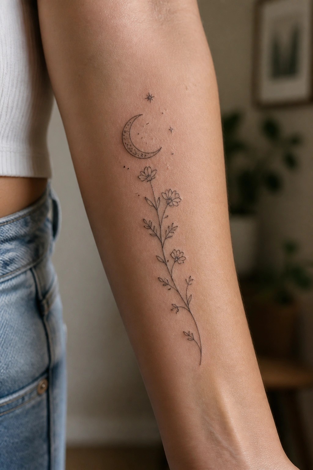 Fine line crescent moon with stars above a vertical floral vine tattoo on the inner forearm