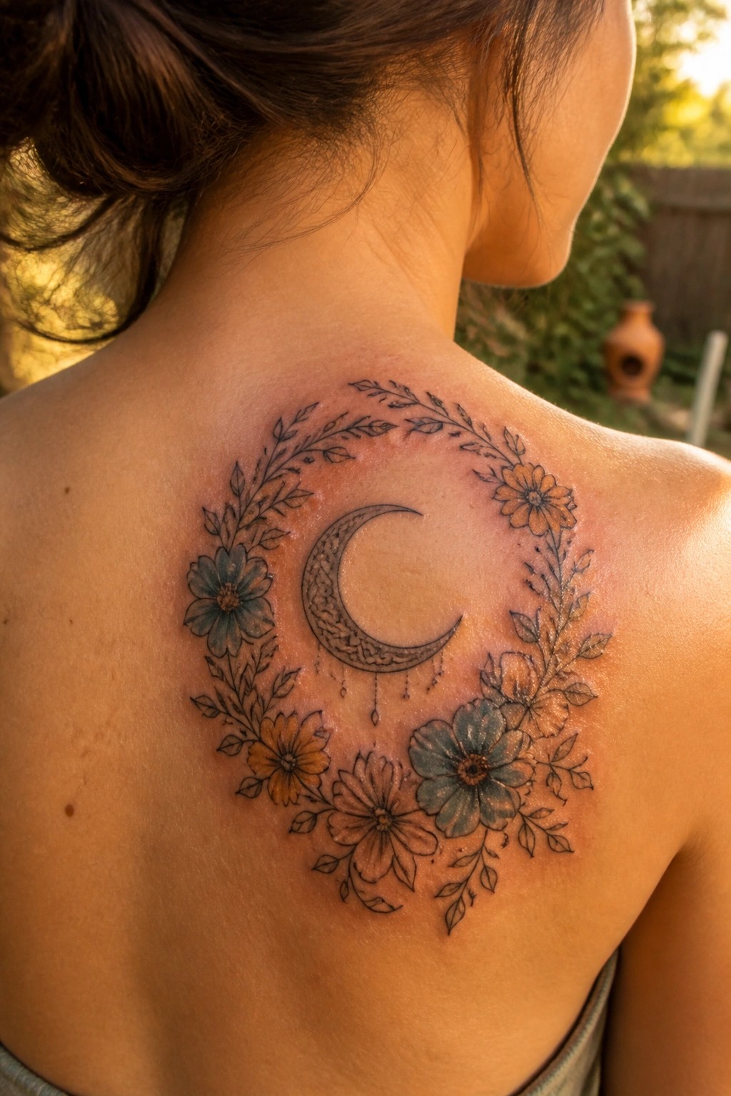 Crescent moon tattoo with blue and orange flowers on woman's upper back