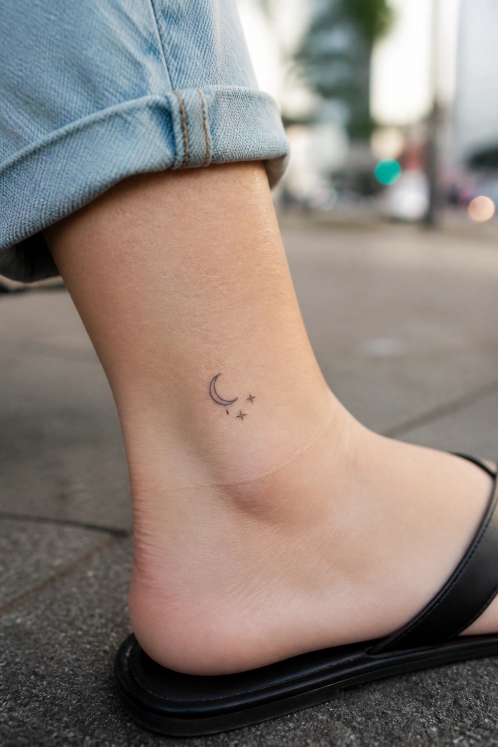 Small crescent moon and stars tattoo on the outer ankle of a foot in a black sandal