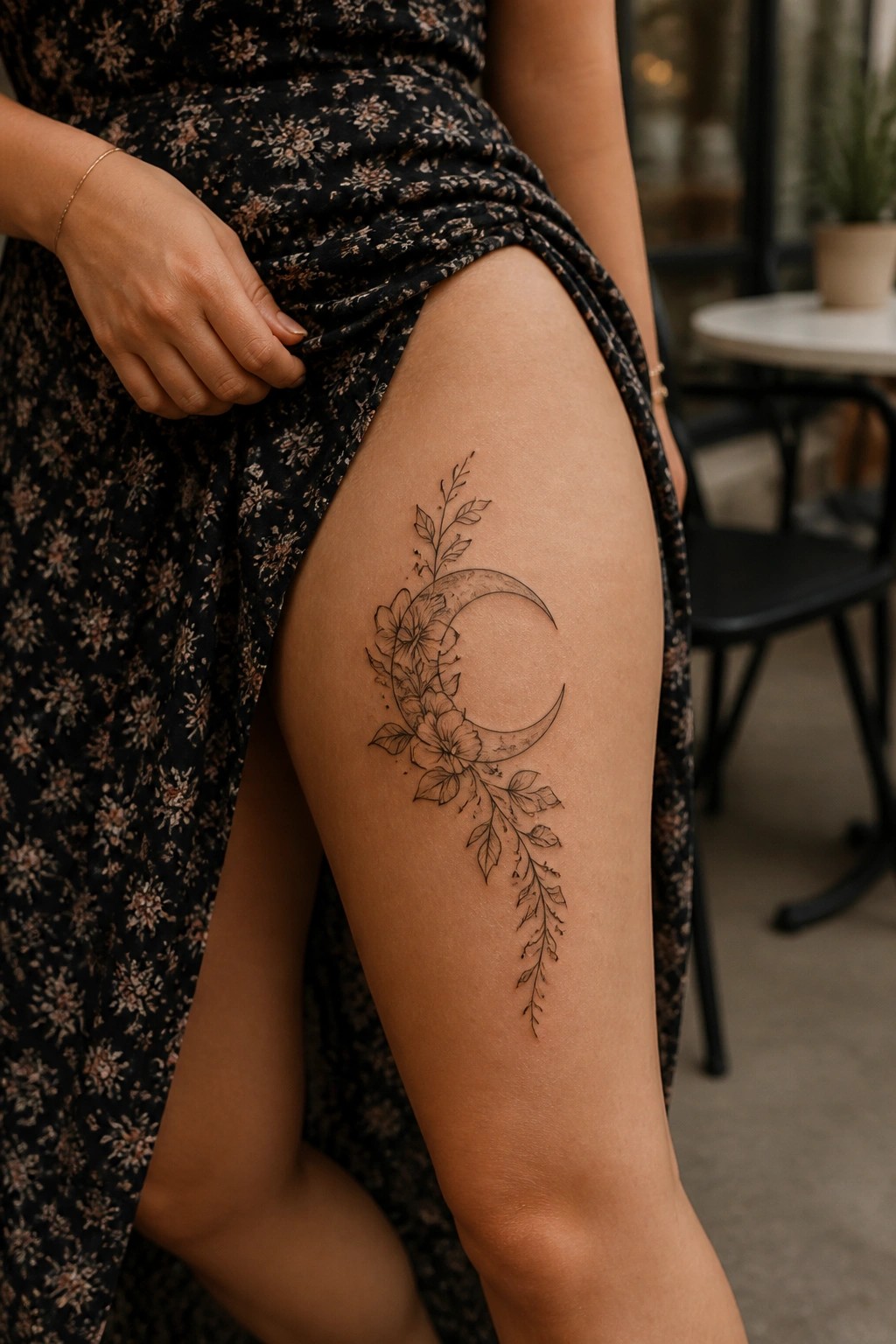 Crescent moon floral tattoo on thigh under black patterned dress slit.