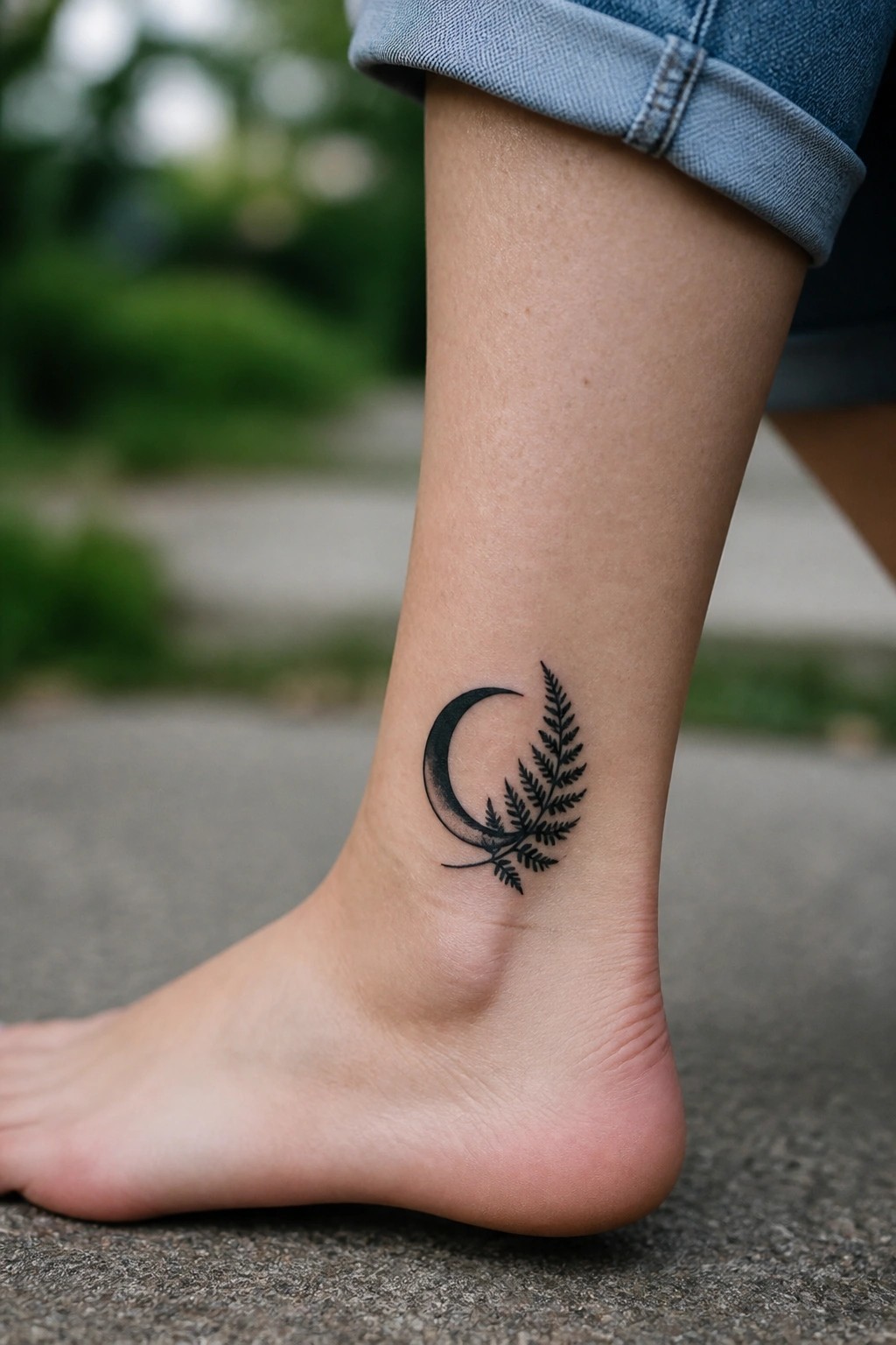 Black ink crescent moon tattoo with fern leaves on the ankle