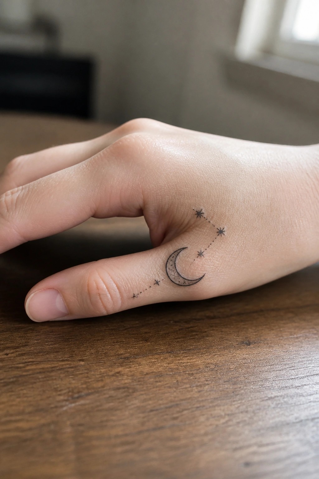 Hand with crescent moon and dotted stars constellation tattoo on wood